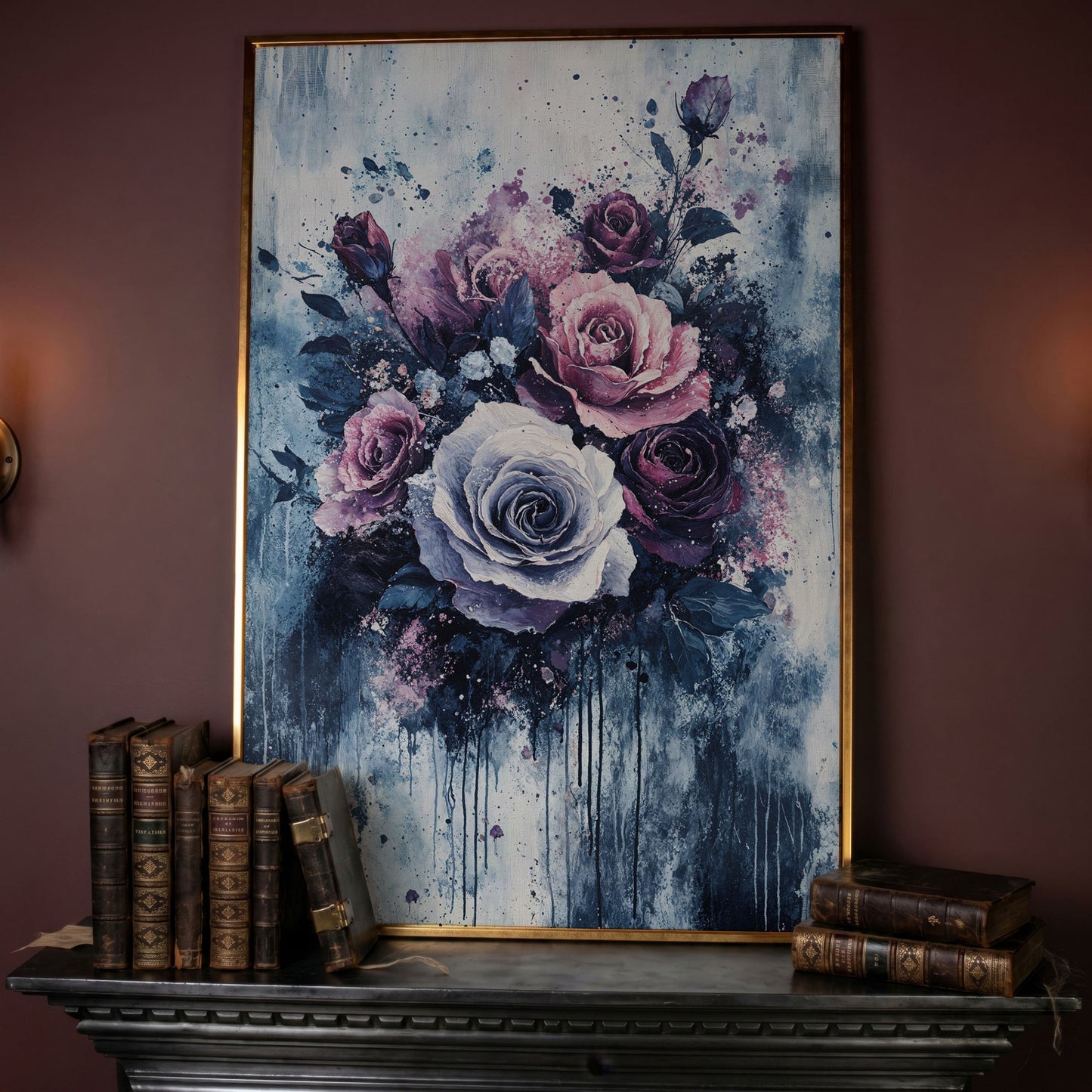 Bold Floral Bouquet Abstract Canvas in rose gold floating frame