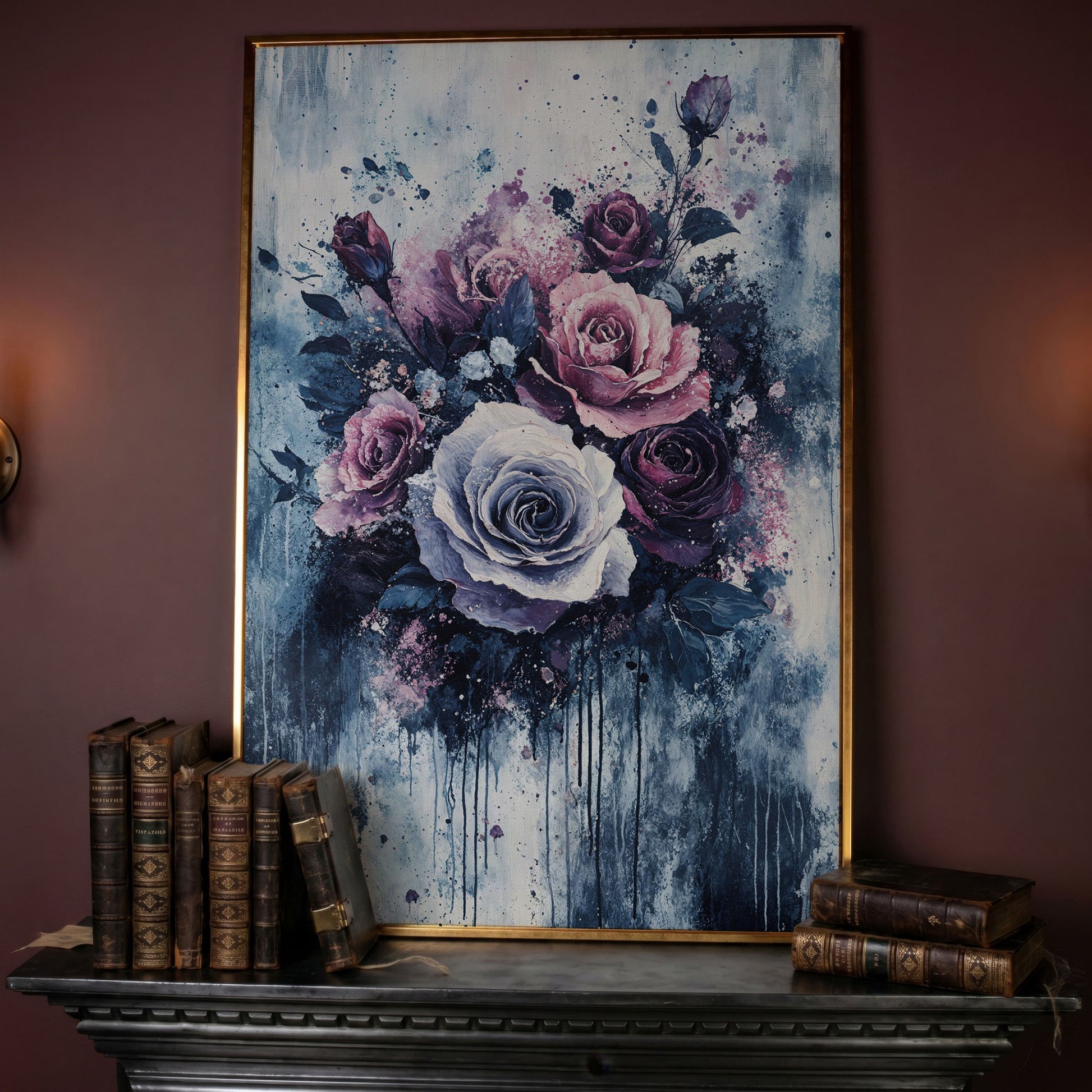 Bold Floral Bouquet Abstract Canvas in rose gold floating frame