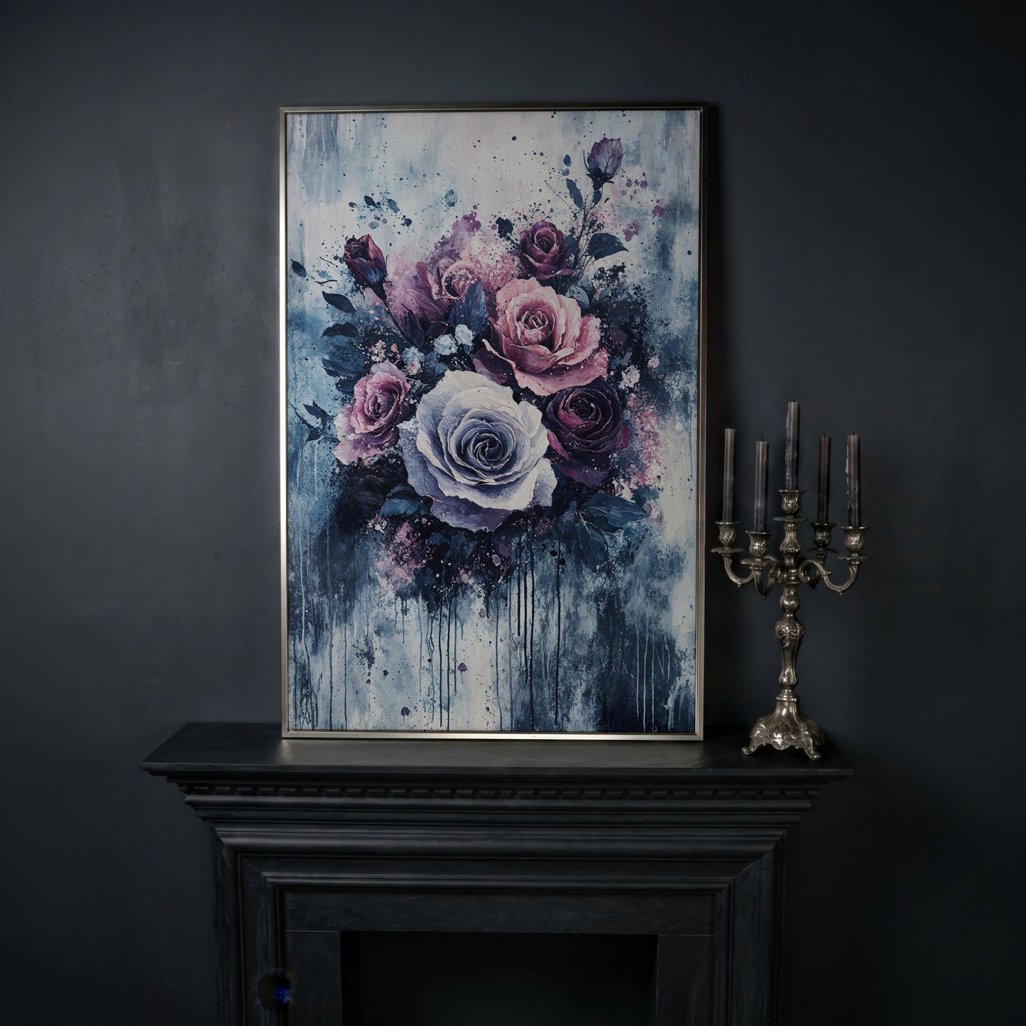 Bold Floral Bouquet Abstract Canvas in silver floating frame