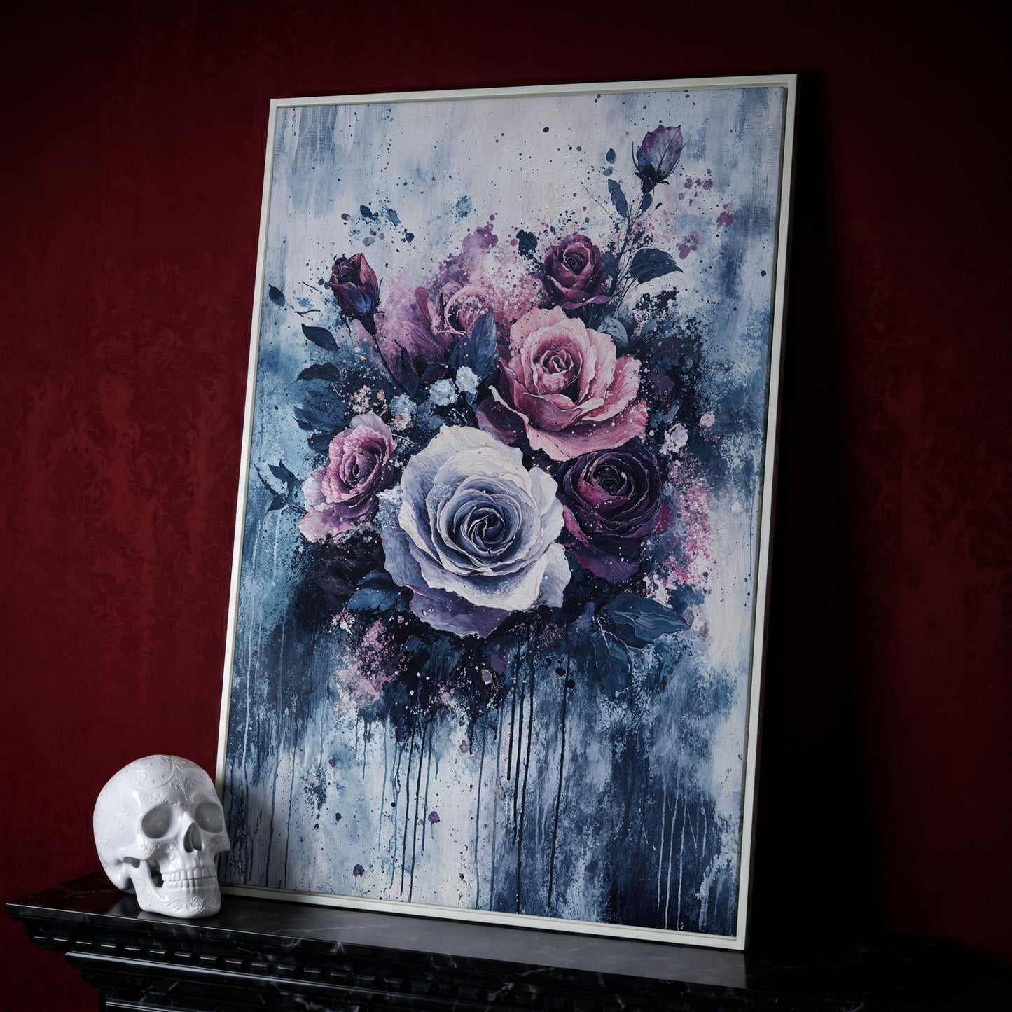 Bold Floral Bouquet Abstract Canvas in white floating frame