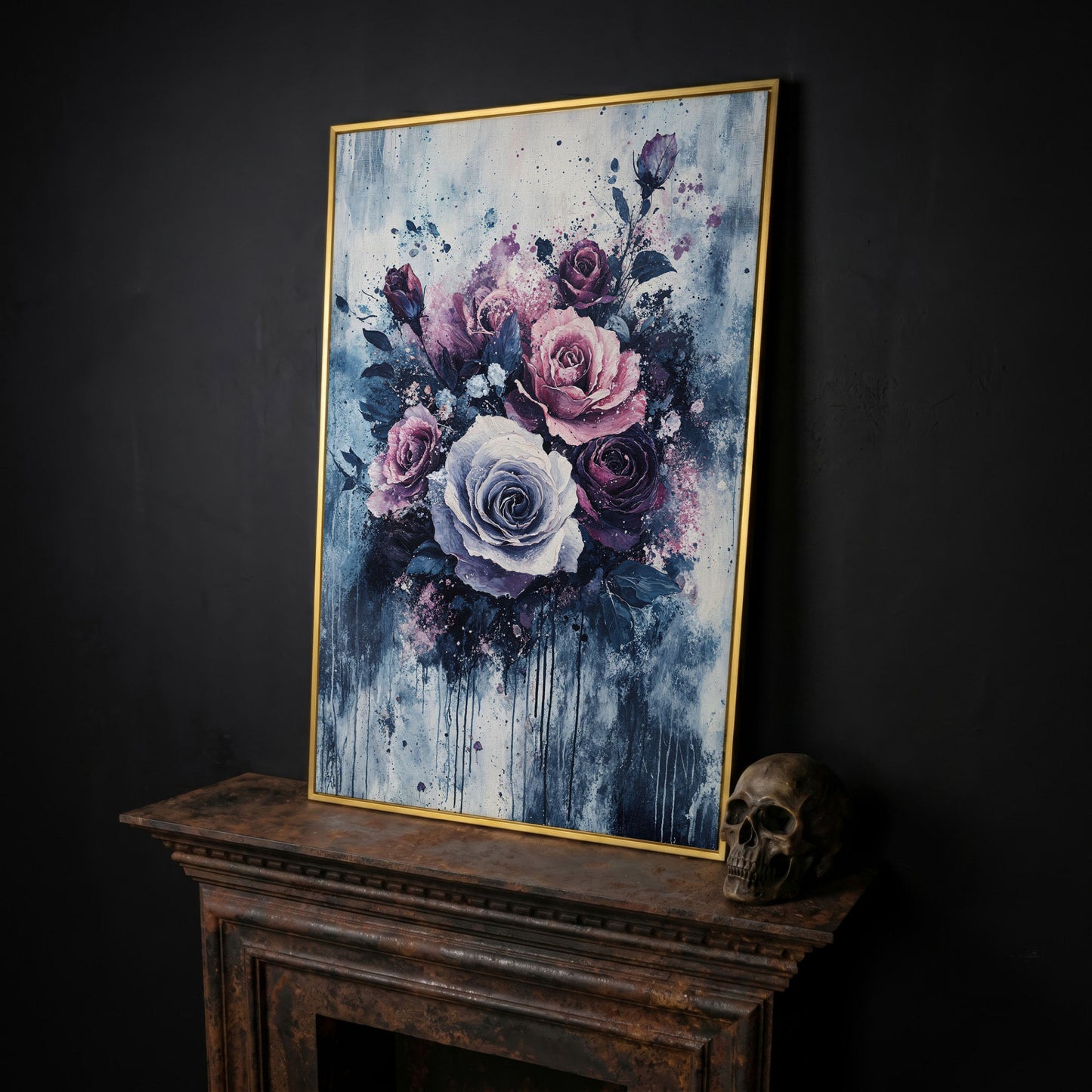 Bold Floral Bouquet Abstract Canvas in yellow gold floating frame