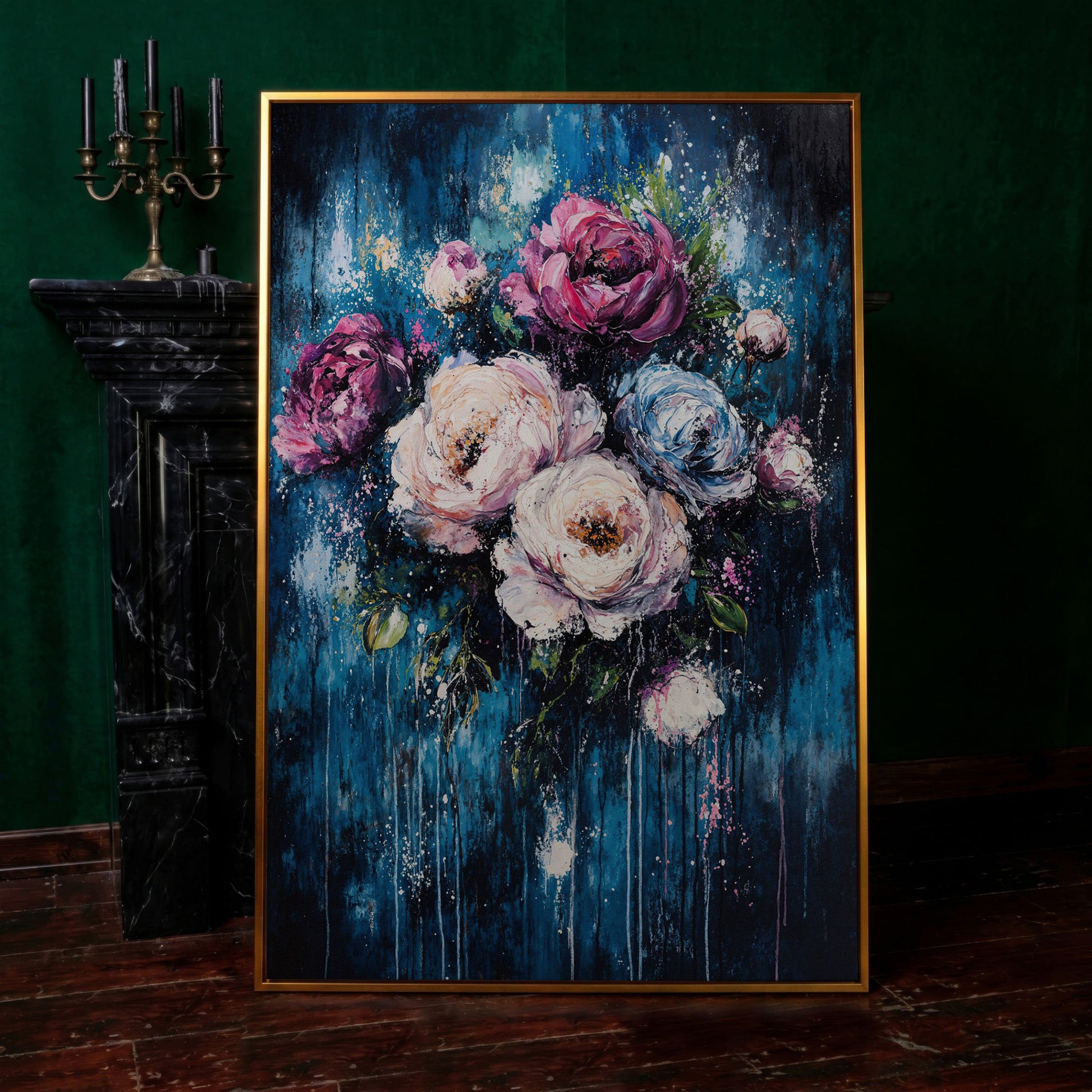 Colorful Peony Burst Canvas in antique gold floating frame