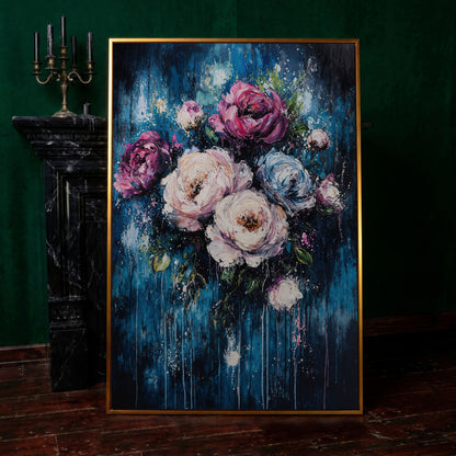 Colorful Peony Burst Canvas in antique gold floating frame