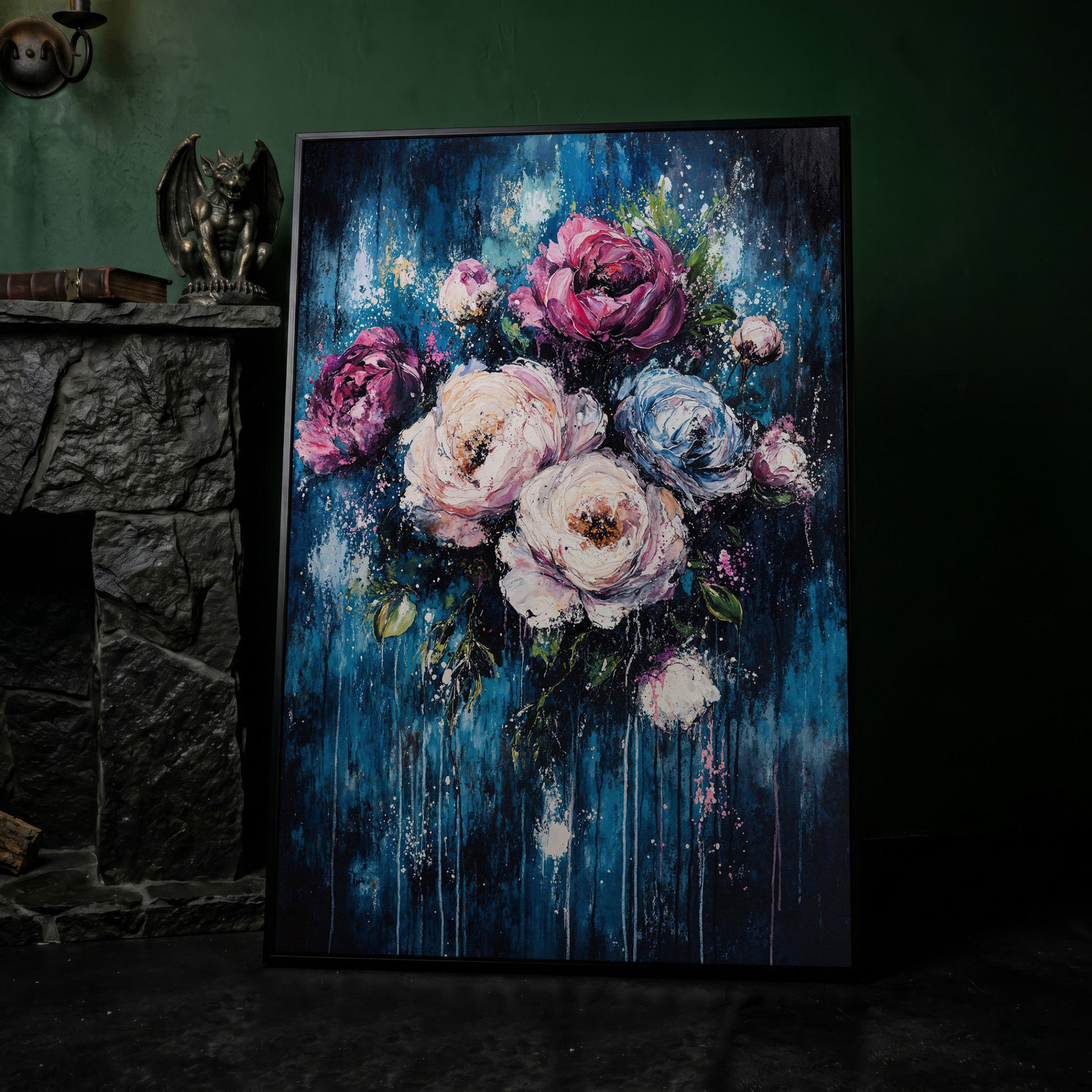 Colorful Peony Burst Canvas in black floating frame
