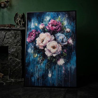 Colorful Peony Burst Canvas in black floating frame
