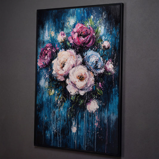 Colorful Peony Burst Canvas shown in black floating frame