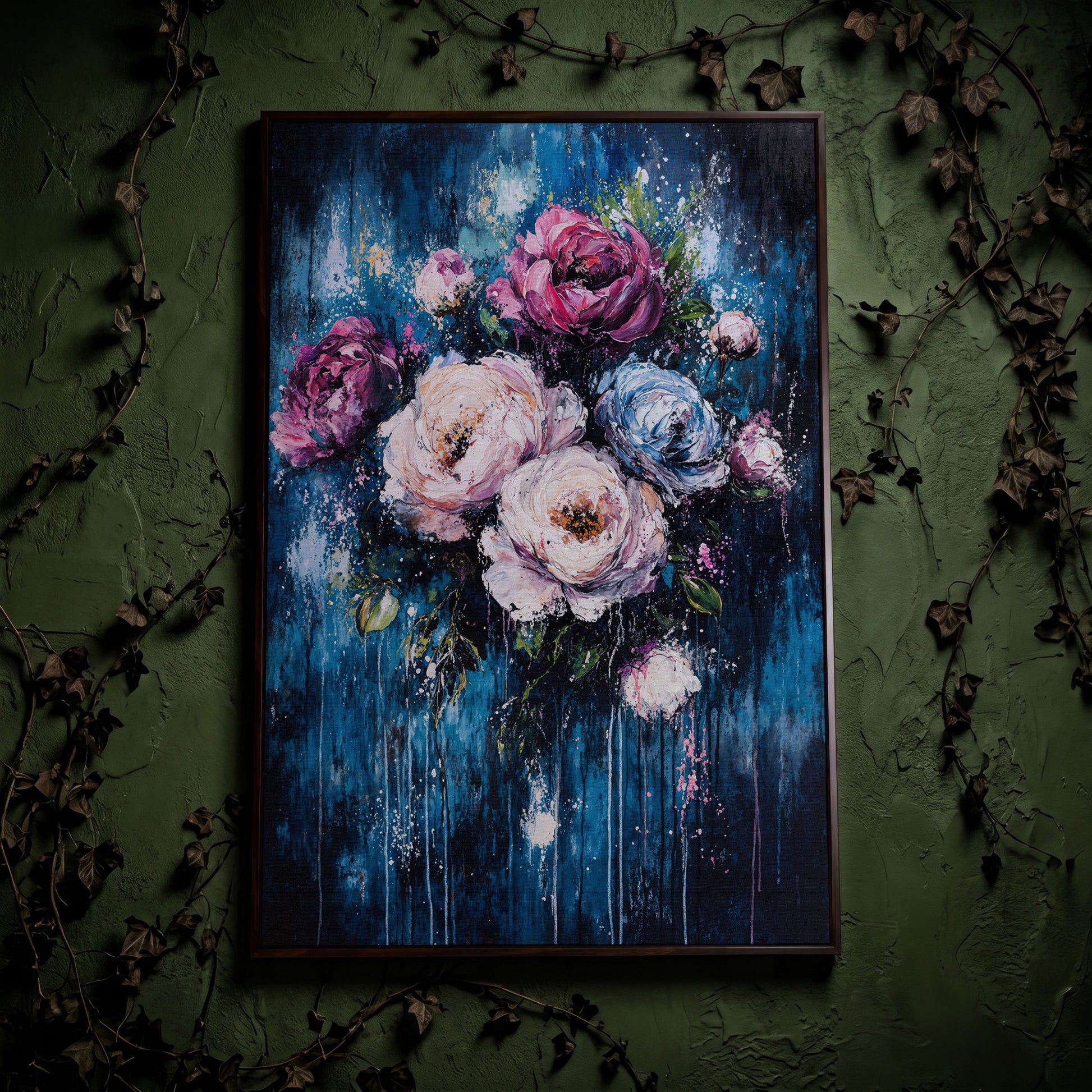 Colorful Peony Burst Canvas in dark walnut floating frame