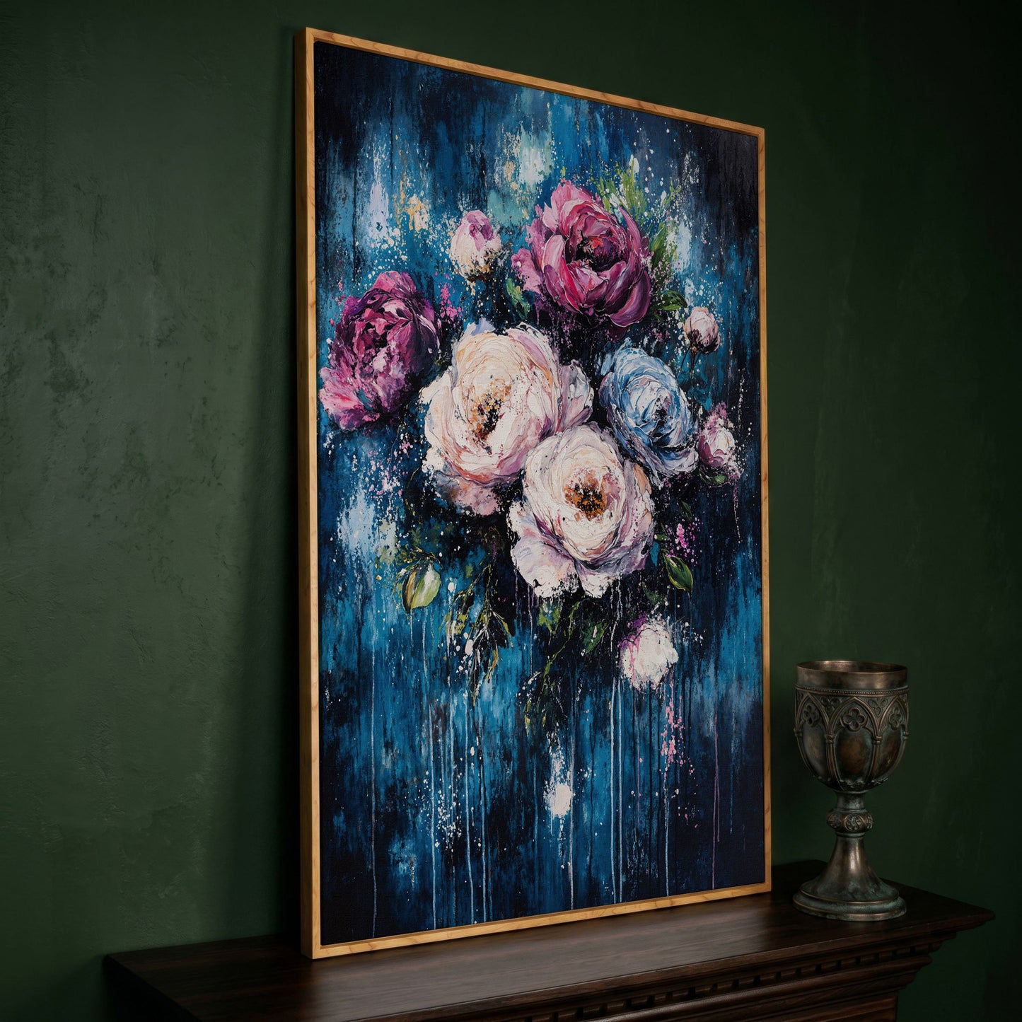 Colorful Peony Burst Canvas in white oak floating frame