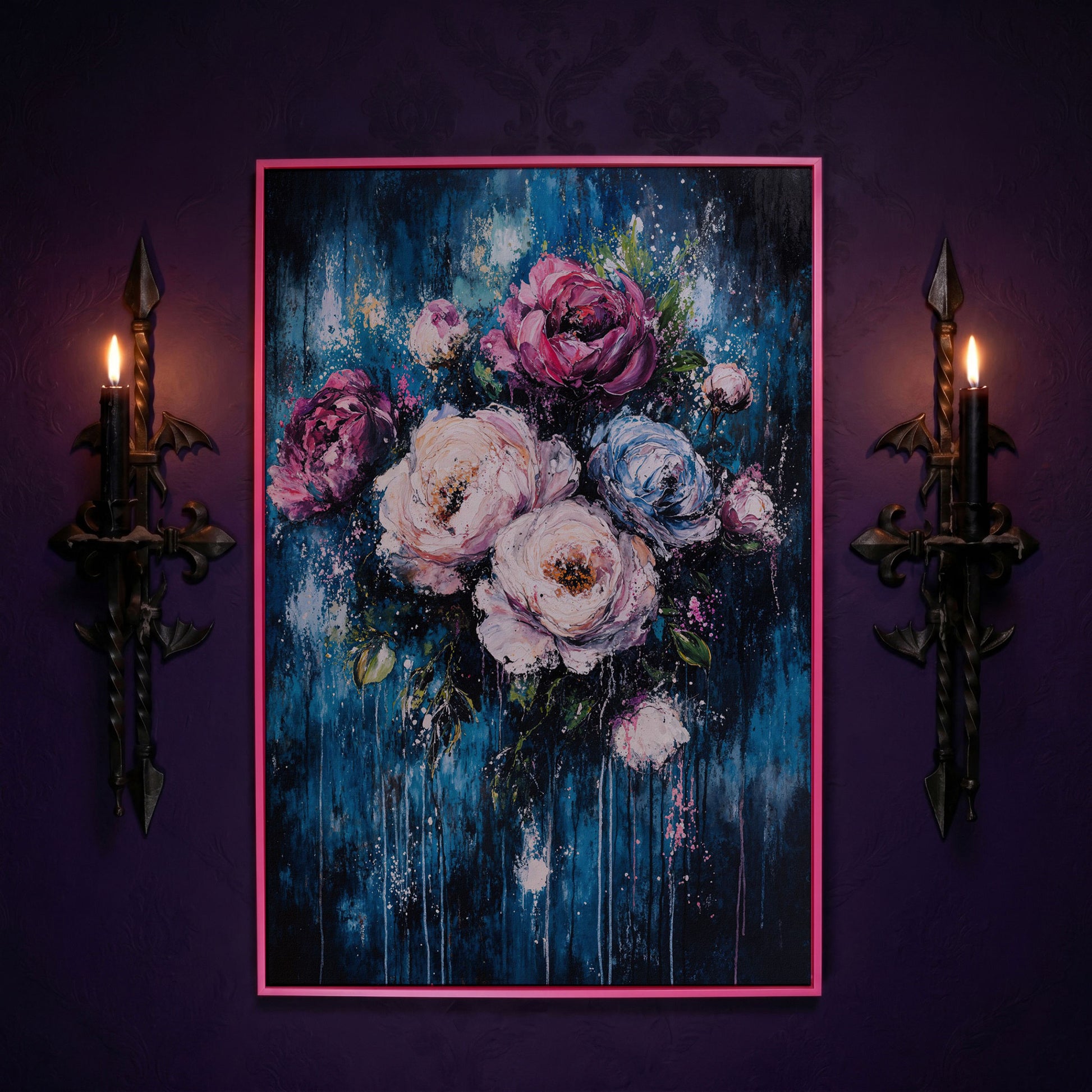 Colorful Peony Burst Canvas in pink floating frame