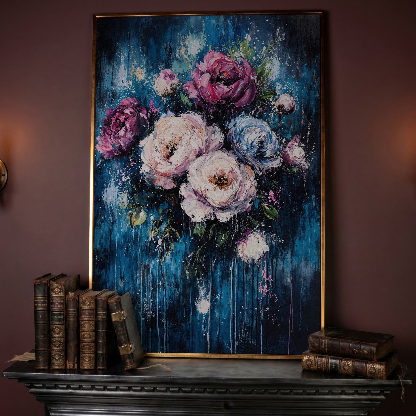Colorful Peony Burst Canvas in rose gold floating frame