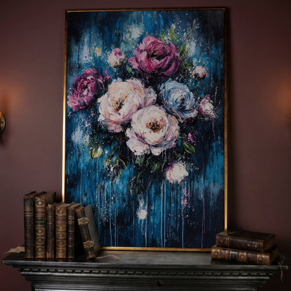 Colorful Peony Burst Canvas in rose gold floating frame