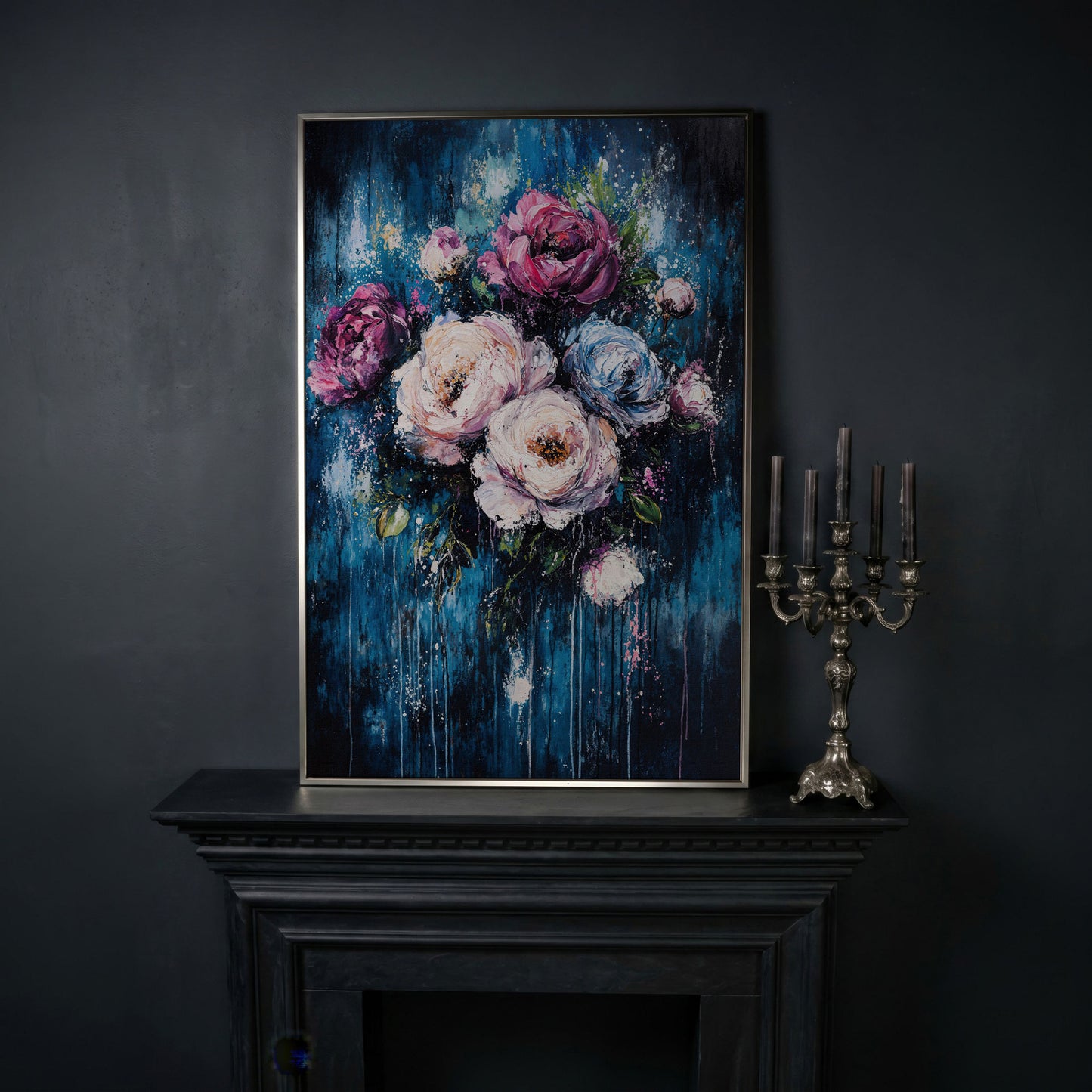 Colorful Peony Burst Canvas in silver floating frame
