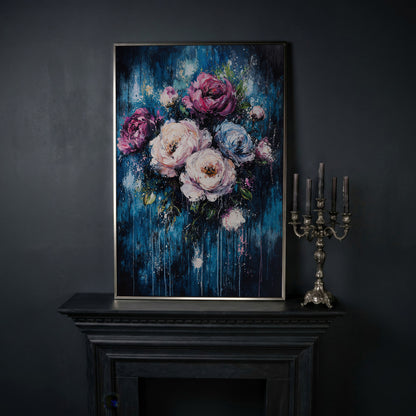 Colorful Peony Burst Canvas in silver floating frame