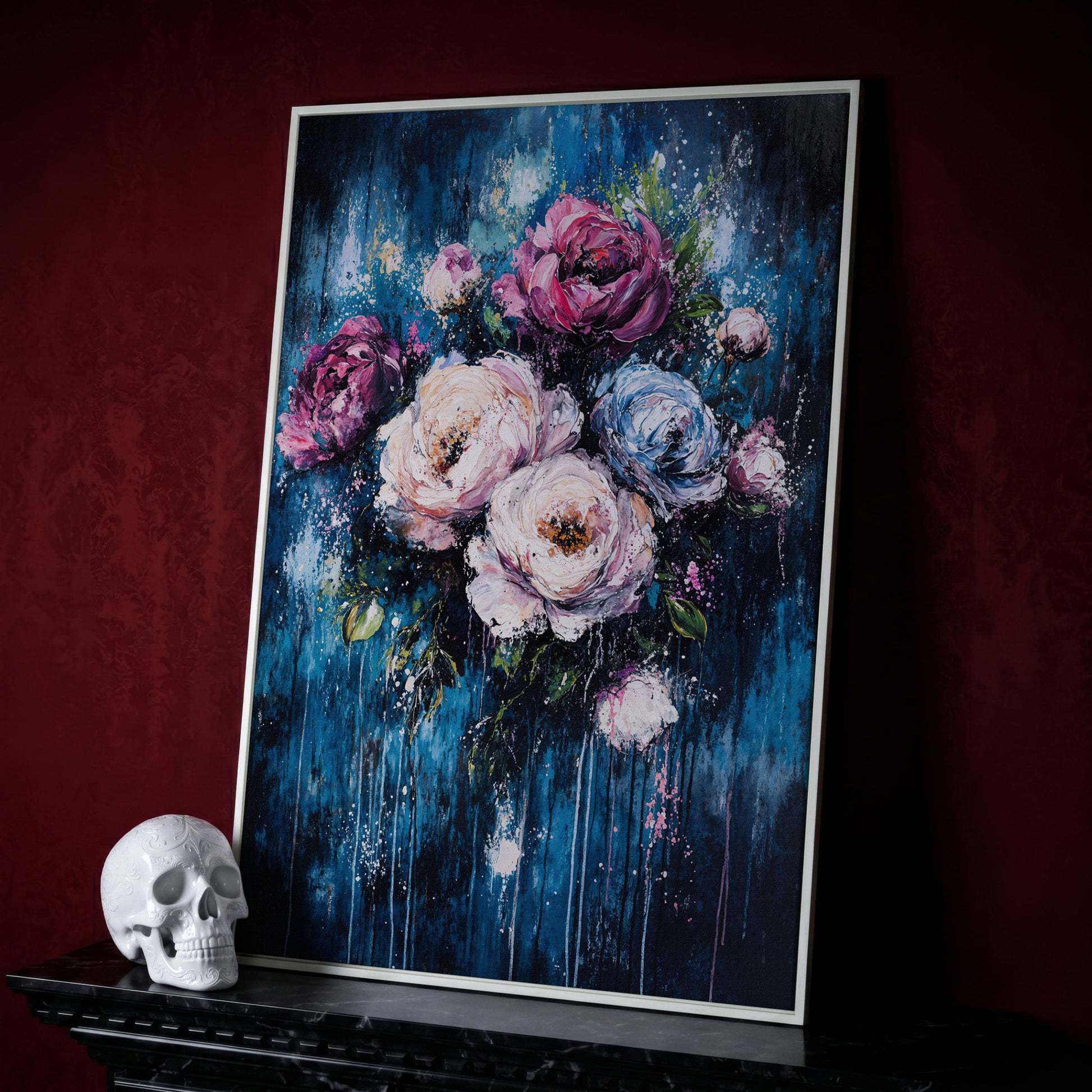 Colorful Peony Burst Canvas in white floating frame