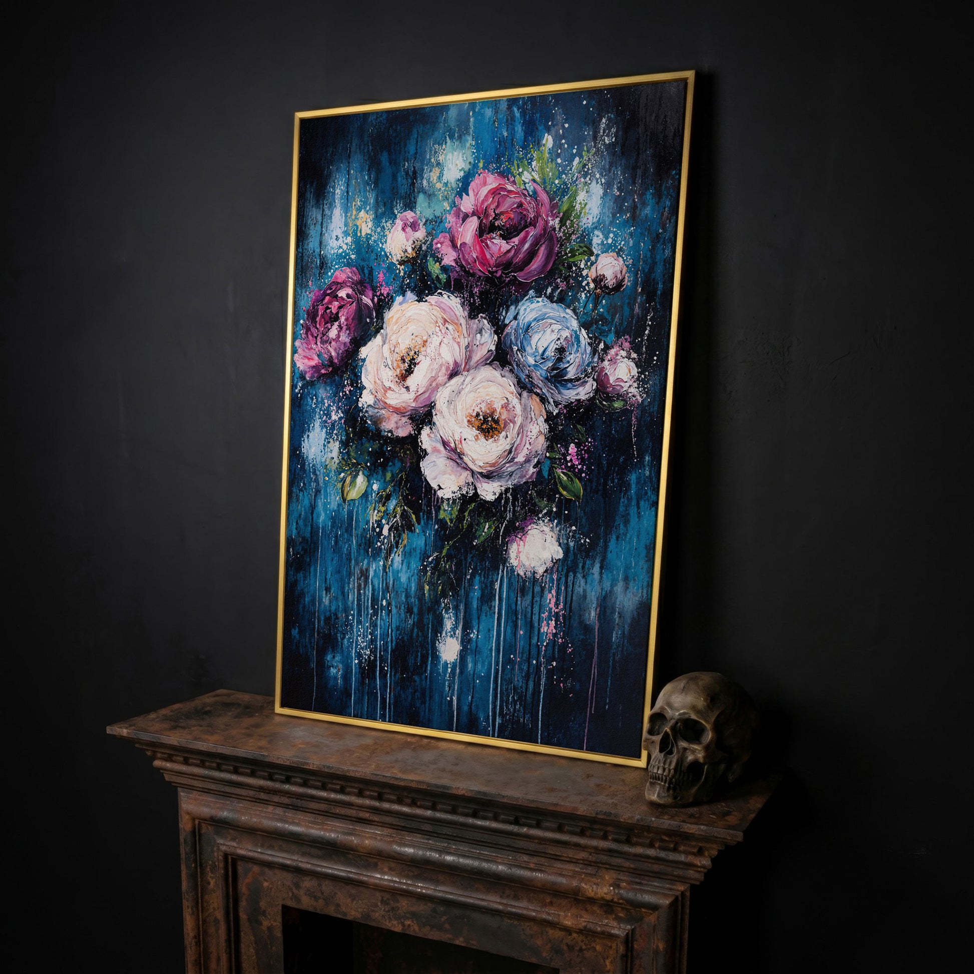 Colorful Peony Burst Canvas in yellow gold floating frame