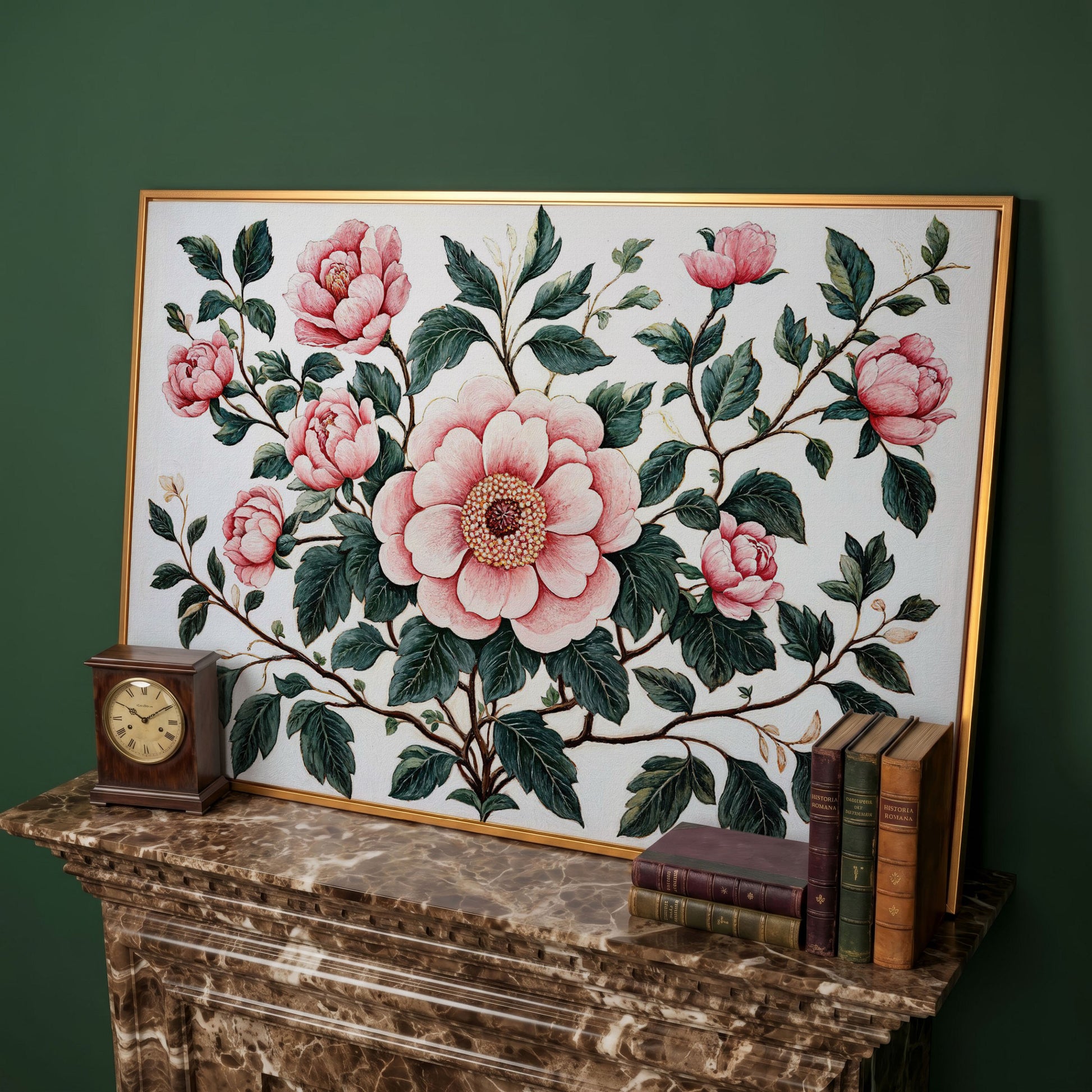 Pink Peonies Canvas Print with Vintage Botanical Feel in antique gold floating frame