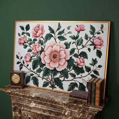 Pink Peonies Canvas Print with Vintage Botanical Feel in antique gold floating frame
