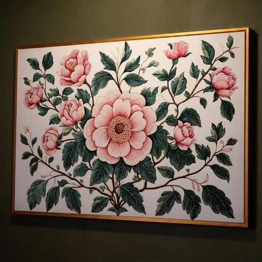 Pink Peonies Canvas Print with Vintage Botanical Feel shown in antique gold floating frame