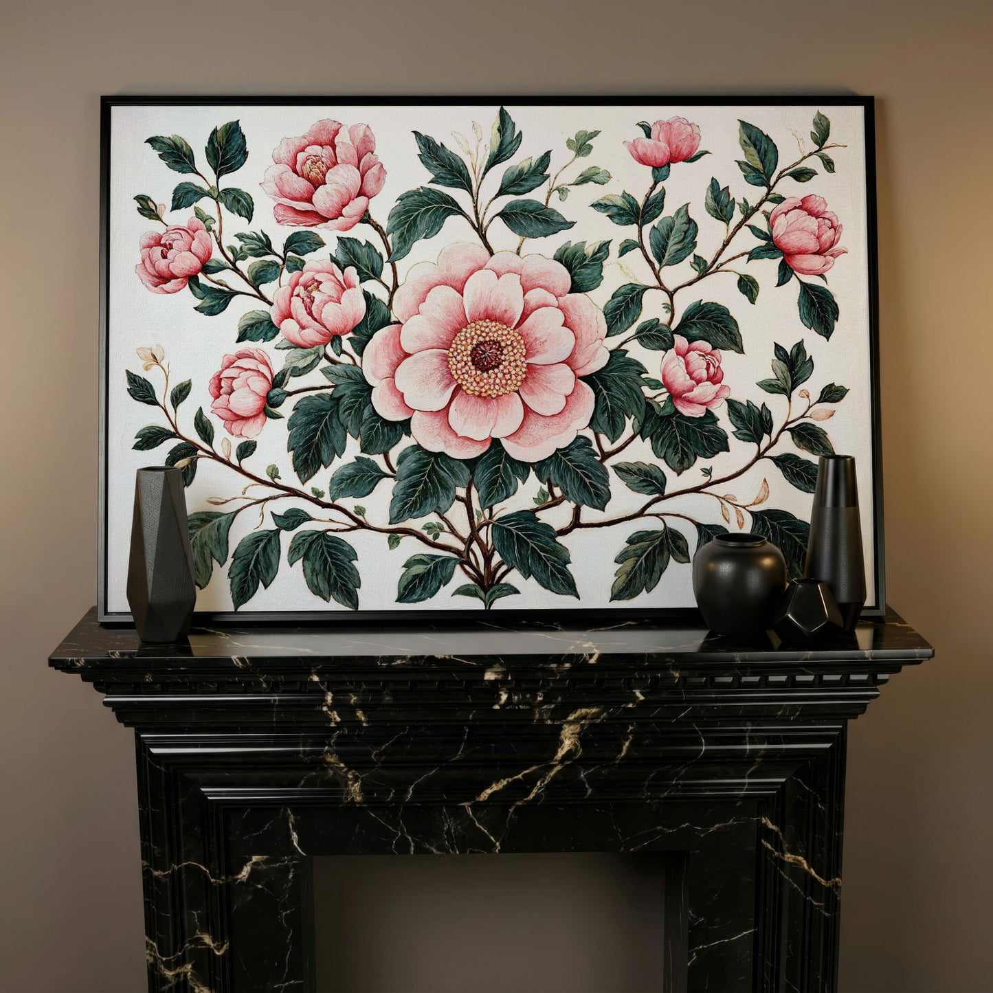 Pink Peonies Canvas Print with Vintage Botanical Feel in black floating frame