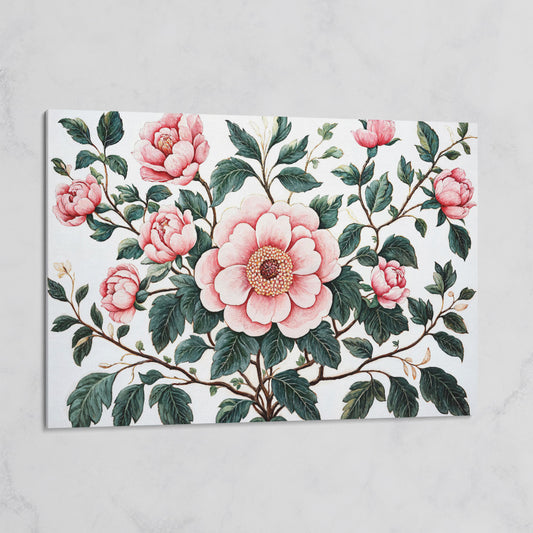 Pink Peonies Canvas Print with Vintage Botanical Feel on gallery wrap