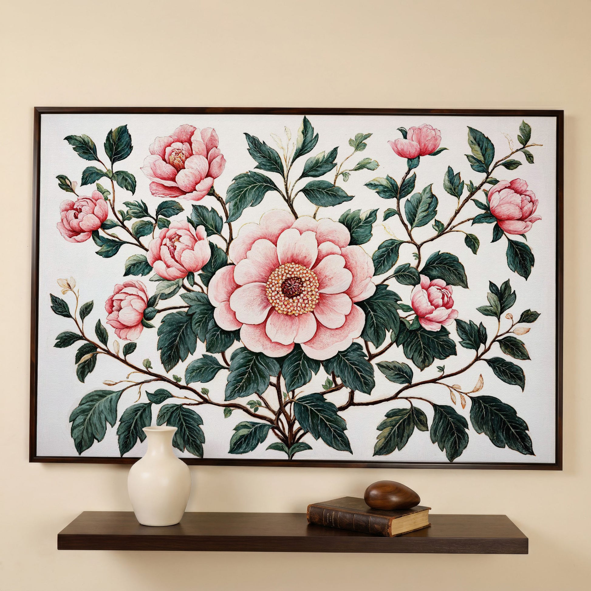 Pink Peonies Canvas Print with Vintage Botanical Feel in dark walnut floating frame