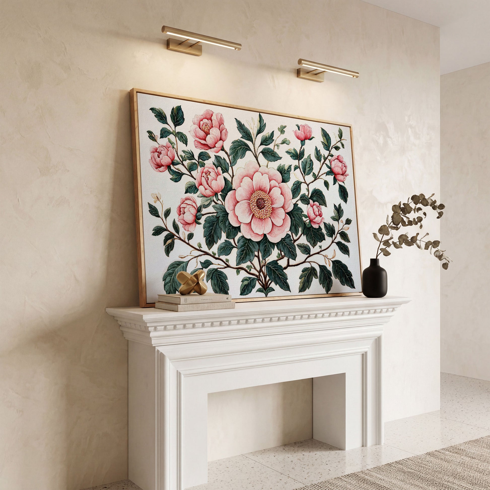 Pink Peonies Canvas Print with Vintage Botanical Feel in white oak floating frame