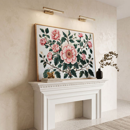 Pink Peonies Canvas Print with Vintage Botanical Feel in white oak floating frame