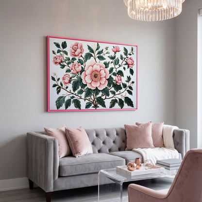 Pink Peonies Canvas Print with Vintage Botanical Feel in pink floating frame