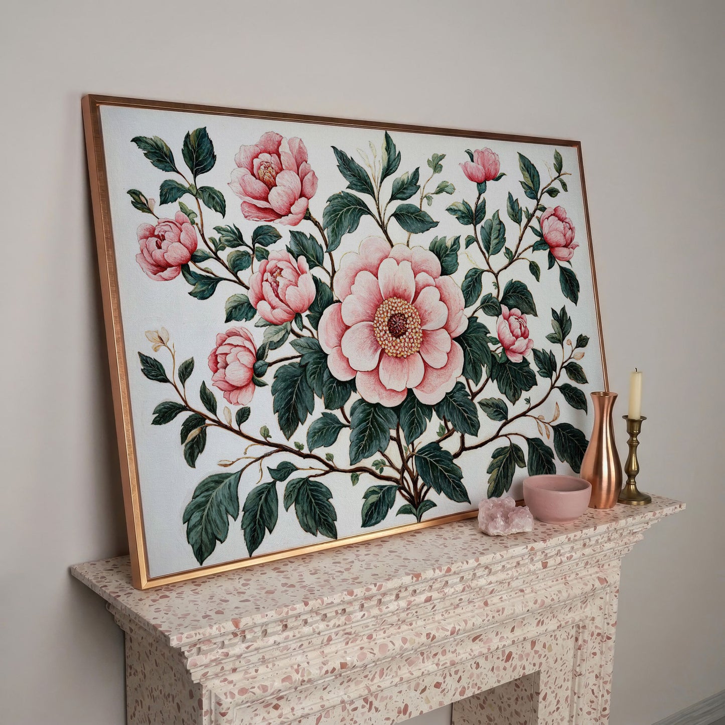 Pink Peonies Canvas Print with Vintage Botanical Feel in rose gold floating frame