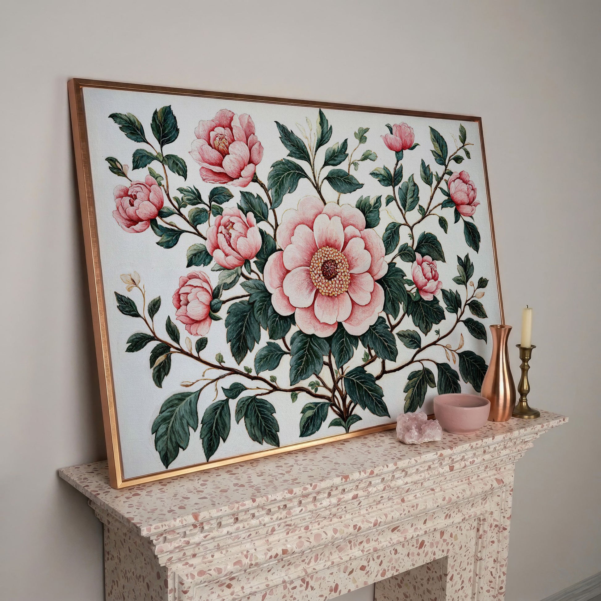 Pink Peonies Canvas Print with Vintage Botanical Feel in rose gold floating frame