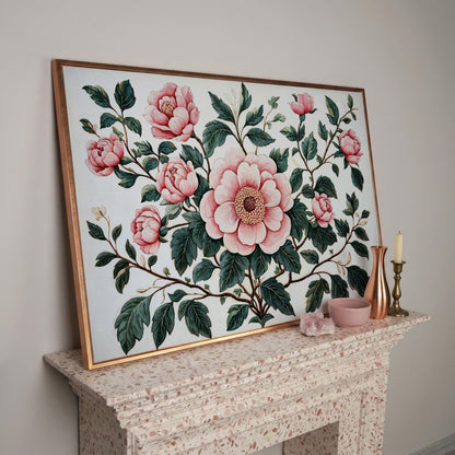 Pink Peonies Canvas Print with Vintage Botanical Feel in rose gold floating frame