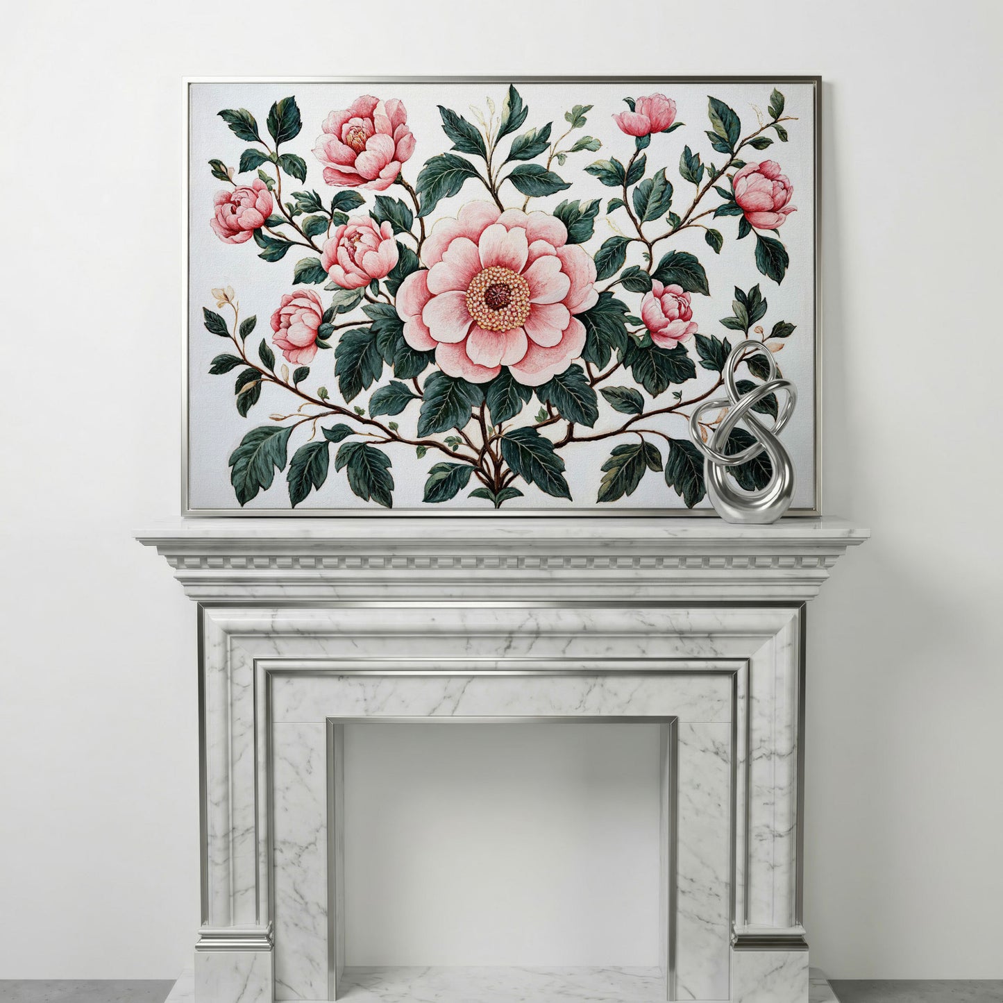 Pink Peonies Canvas Print with Vintage Botanical Feel in silver floating frame