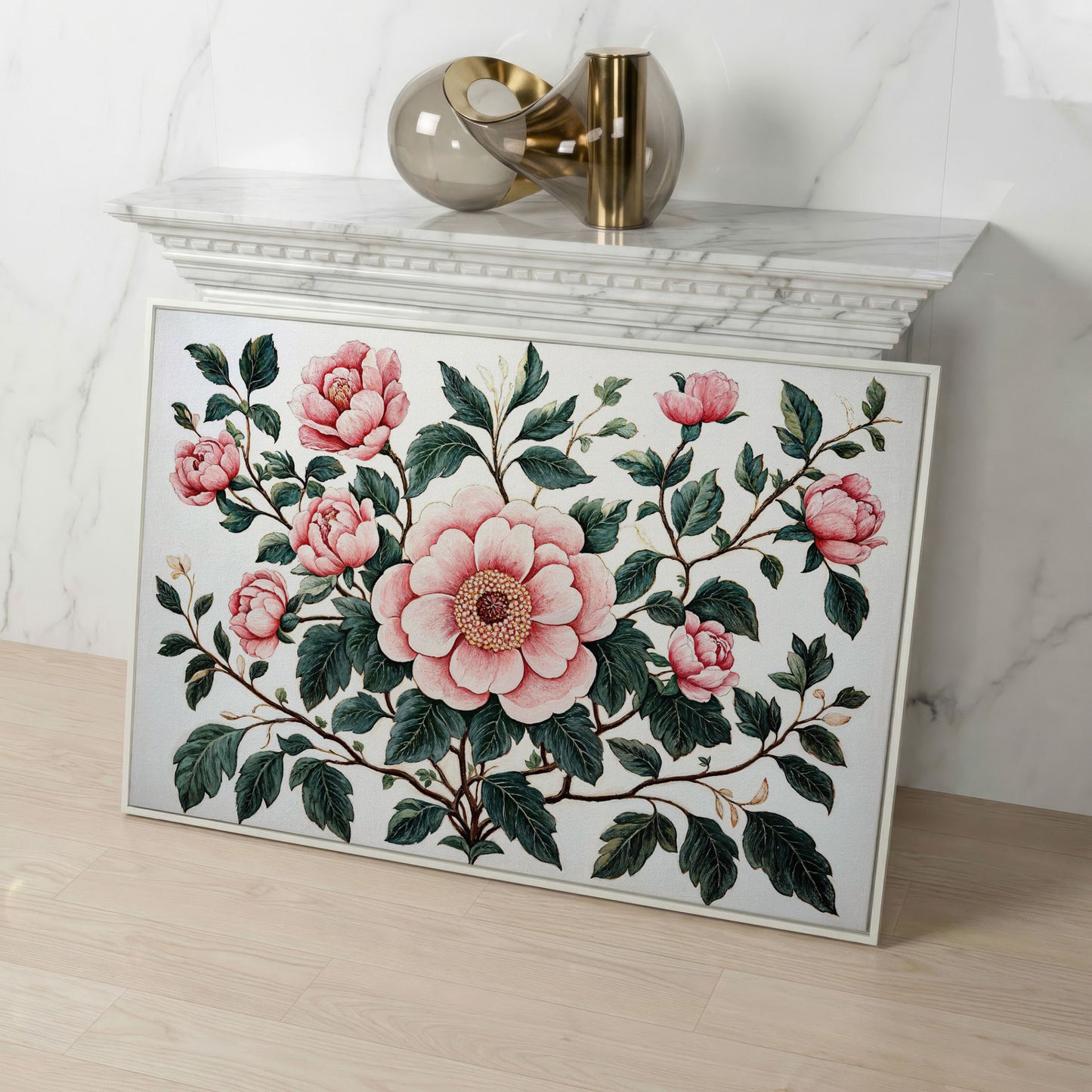 Pink Peonies Canvas Print with Vintage Botanical Feel in white floating frame