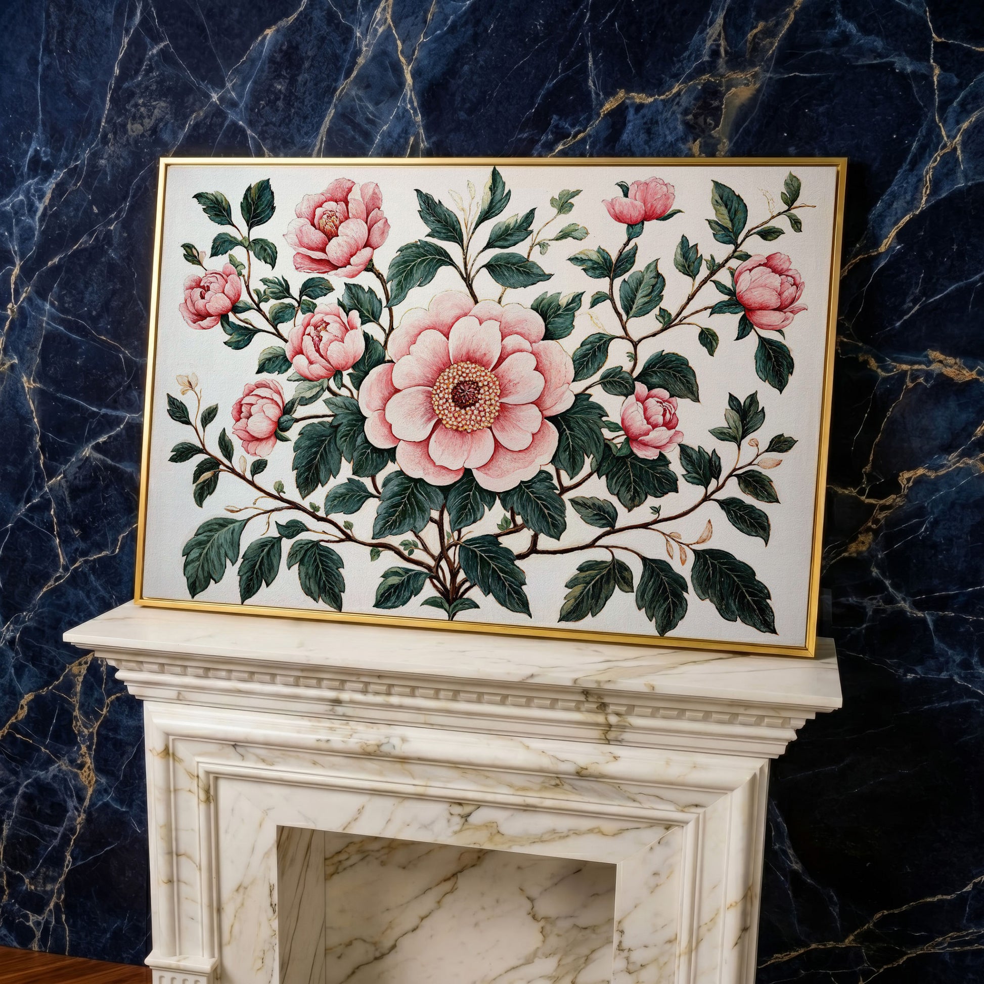 Pink Peonies Canvas Print with Vintage Botanical Feel in yellow gold floating frame