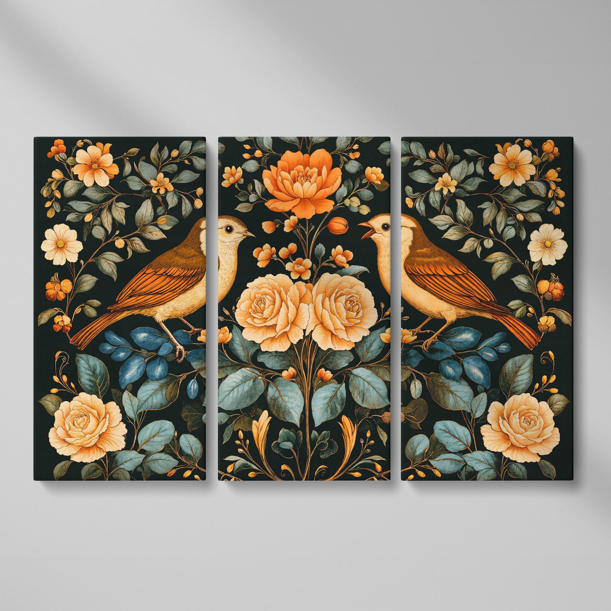 Birds and Flowers Botanical Canvas as 3-panel split version