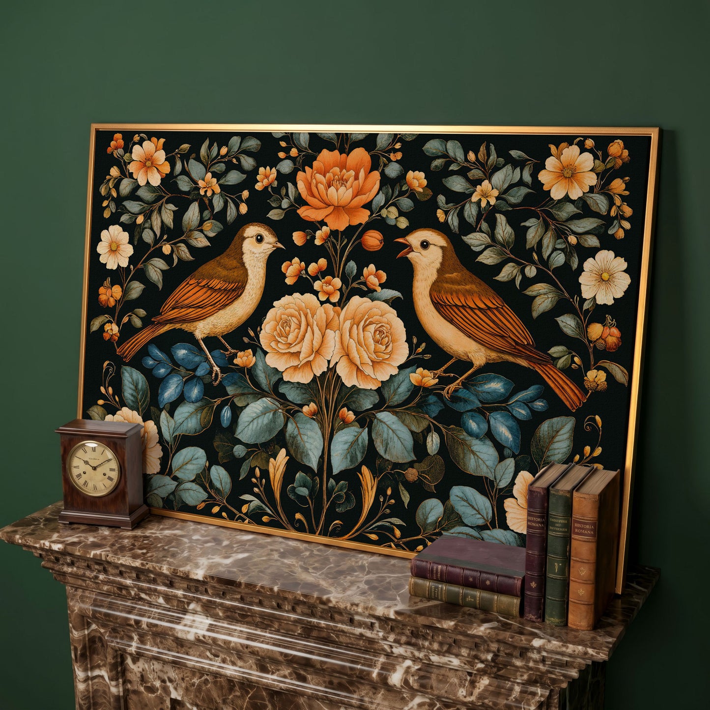 Birds and Flowers Botanical Canvas in antique gold floating frame