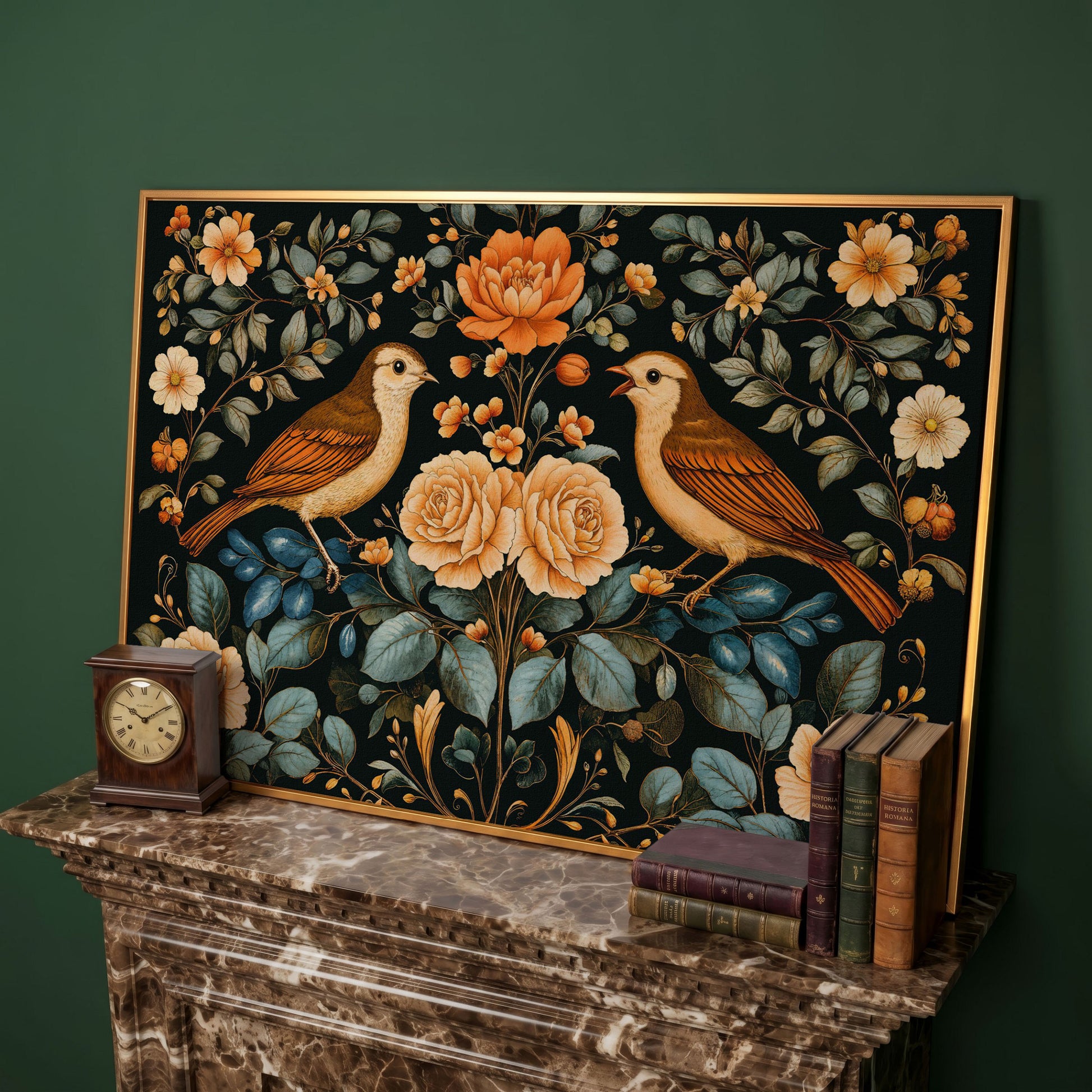 Birds and Flowers Botanical Canvas in antique gold floating frame