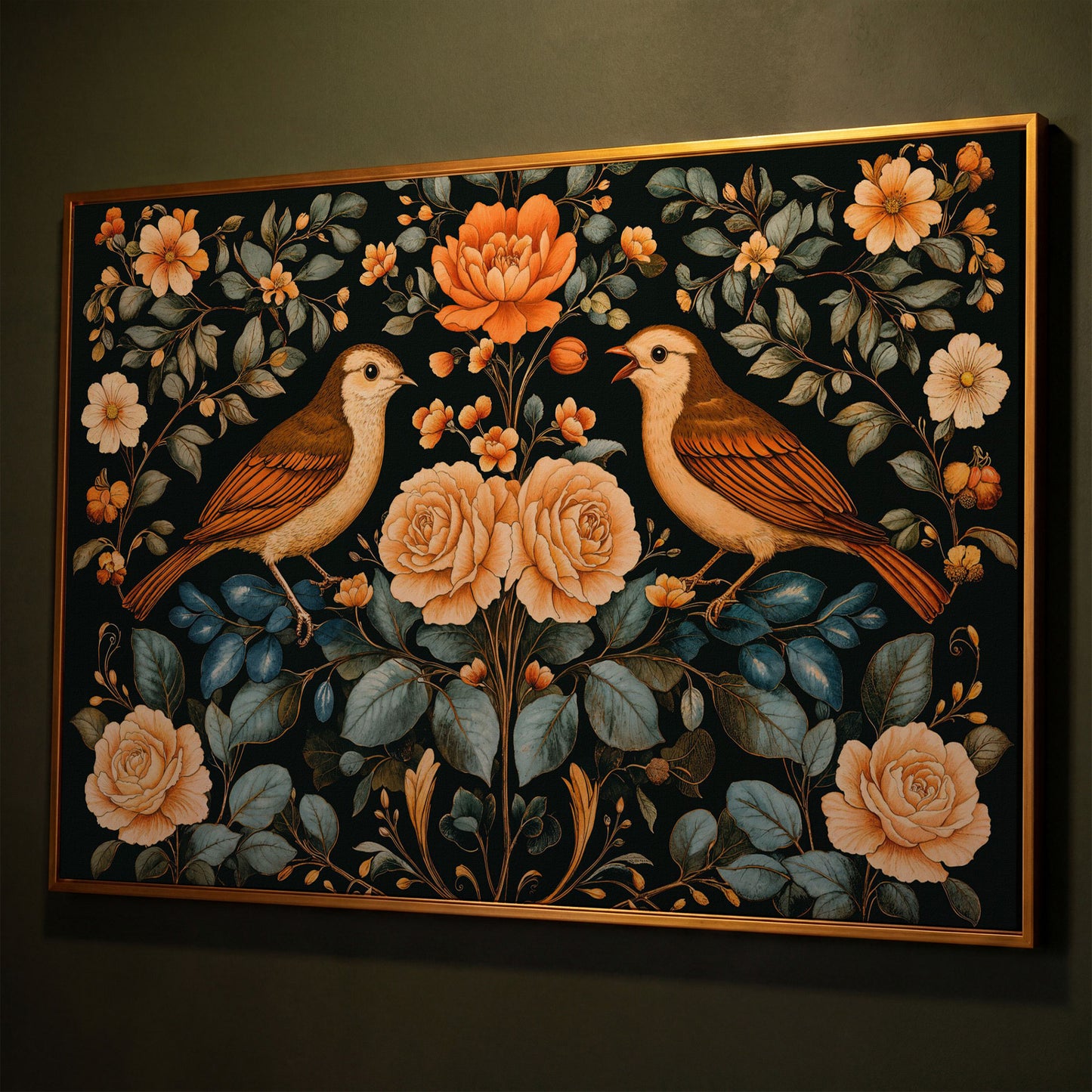 Birds and Flowers Botanical Canvas shown in antique gold floating frame