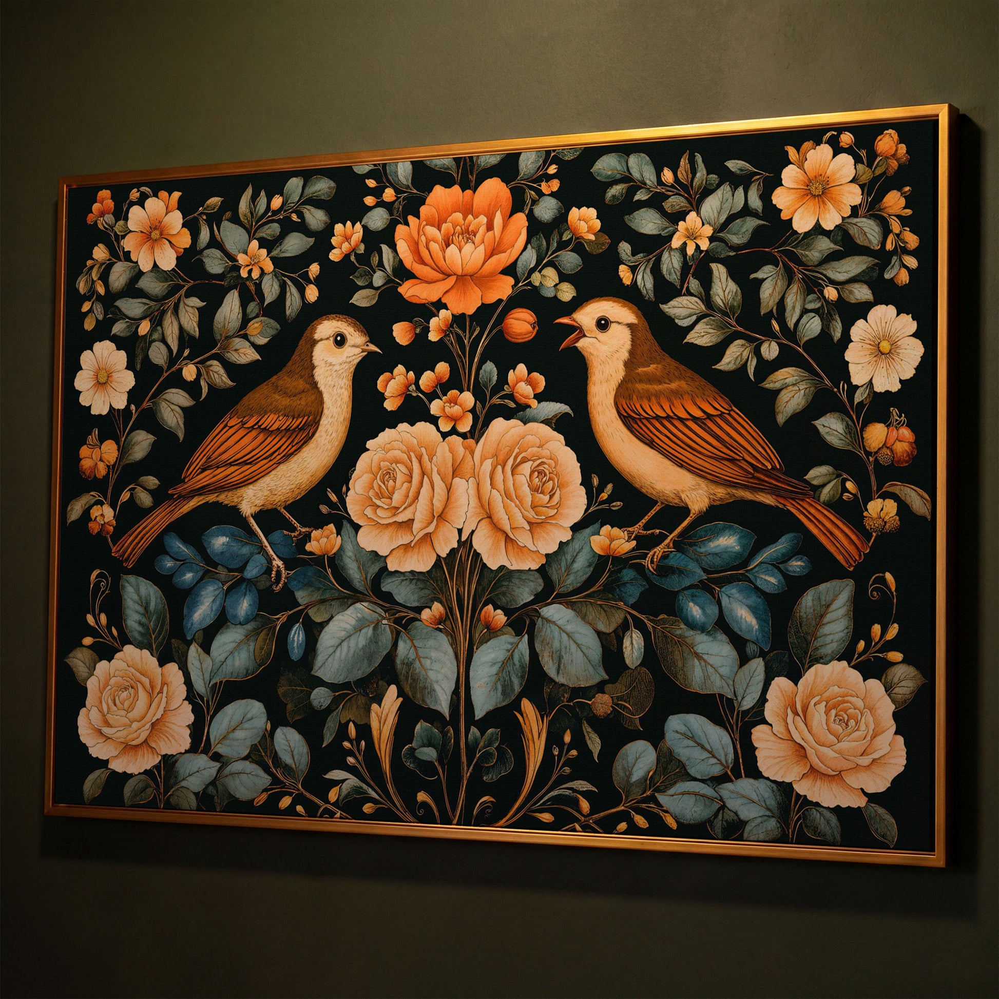 Birds and Flowers Botanical Canvas shown in antique gold floating frame