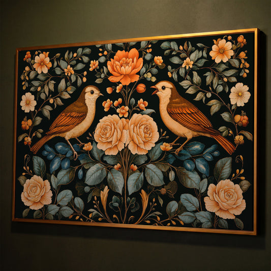 Birds and Flowers Botanical Canvas shown in antique gold floating frame