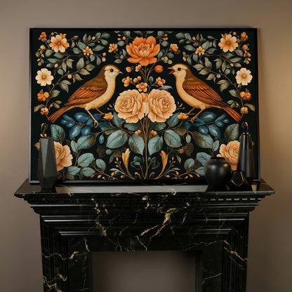 Birds and Flowers Botanical Canvas in black floating frame