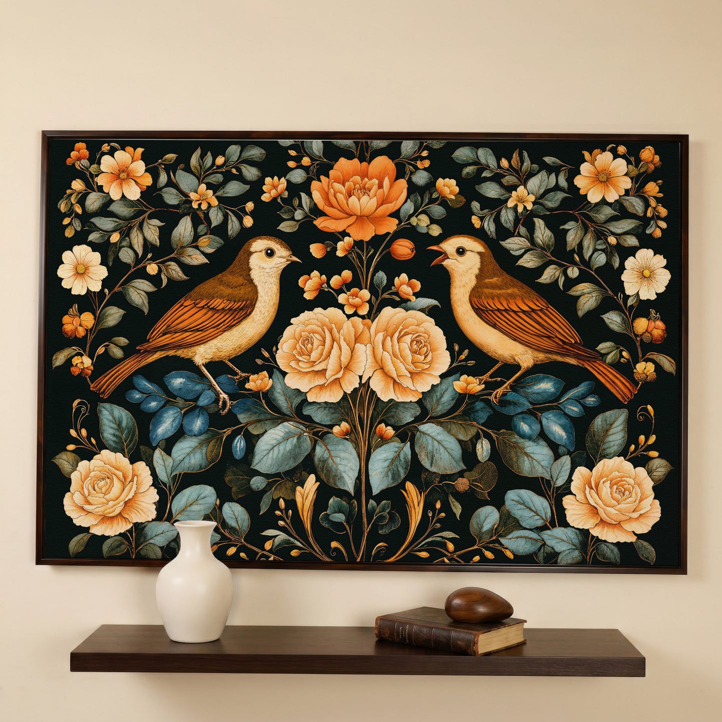 Birds and Flowers Botanical Canvas in dark walnut floating frame