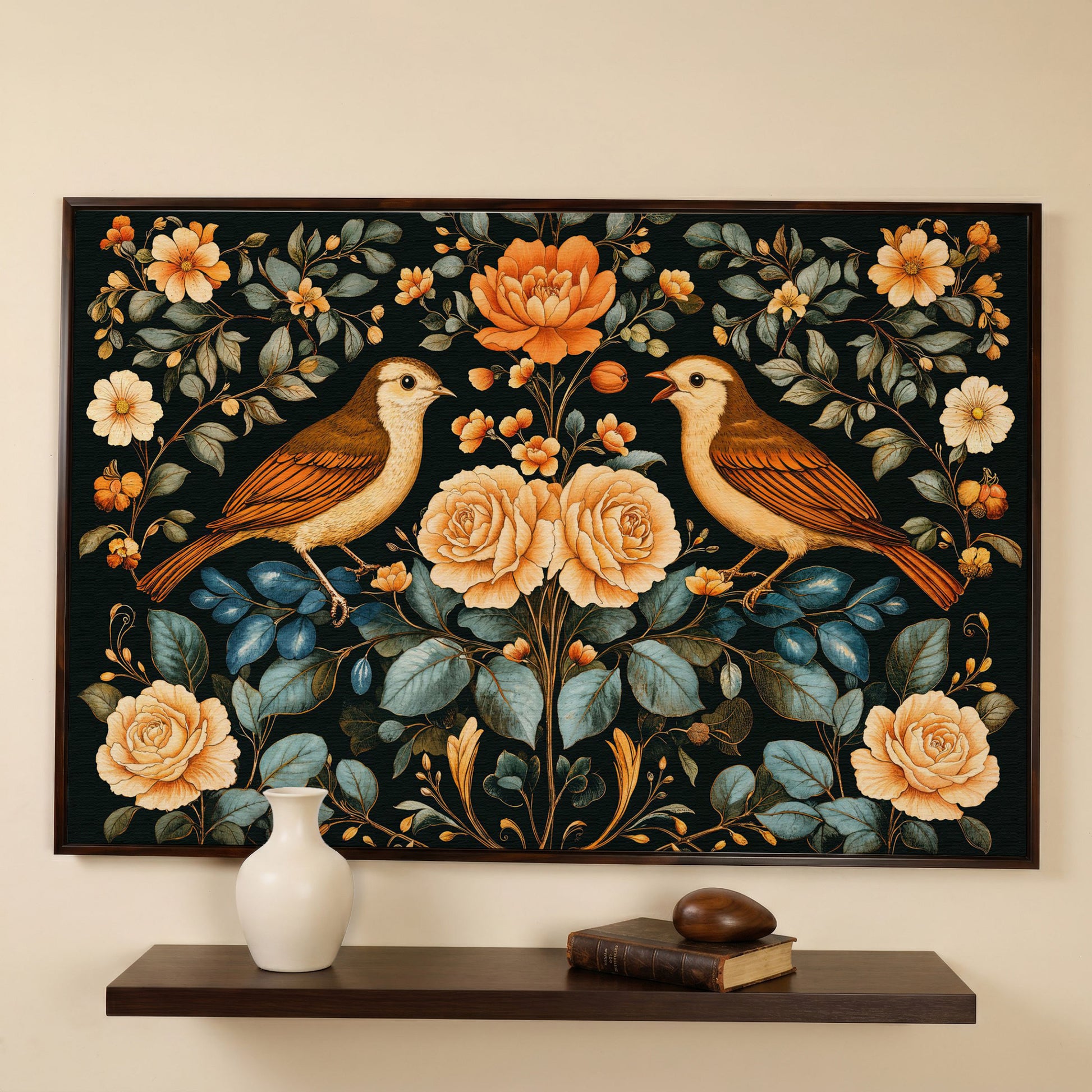 Birds and Flowers Botanical Canvas in dark walnut floating frame