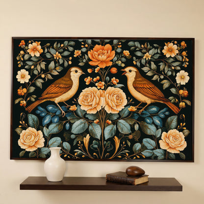 Birds and Flowers Botanical Canvas in dark walnut floating frame