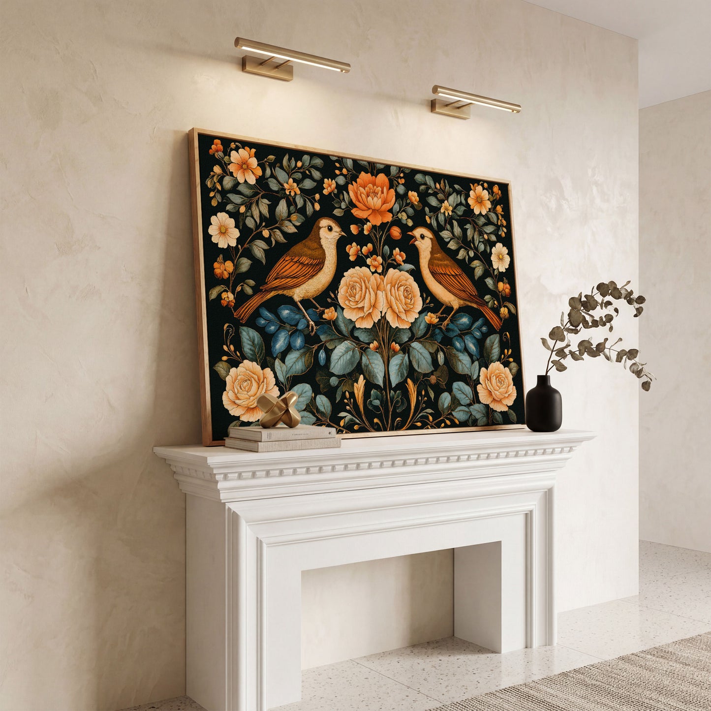 Birds and Flowers Botanical Canvas in white oak floating frame