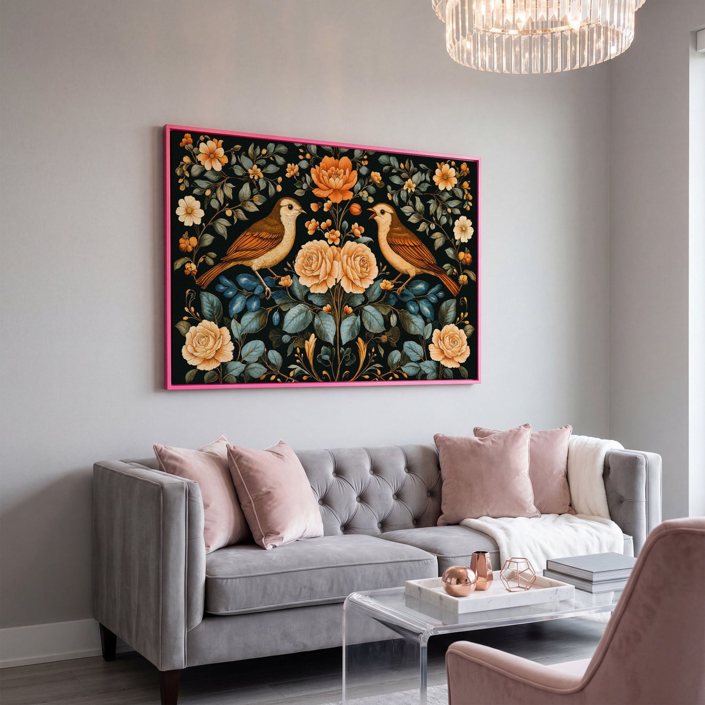 Birds and Flowers Botanical Canvas in pink floating frame