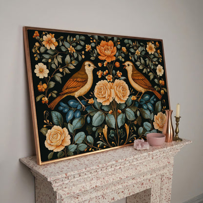 Birds and Flowers Botanical Canvas in rose gold floating frame
