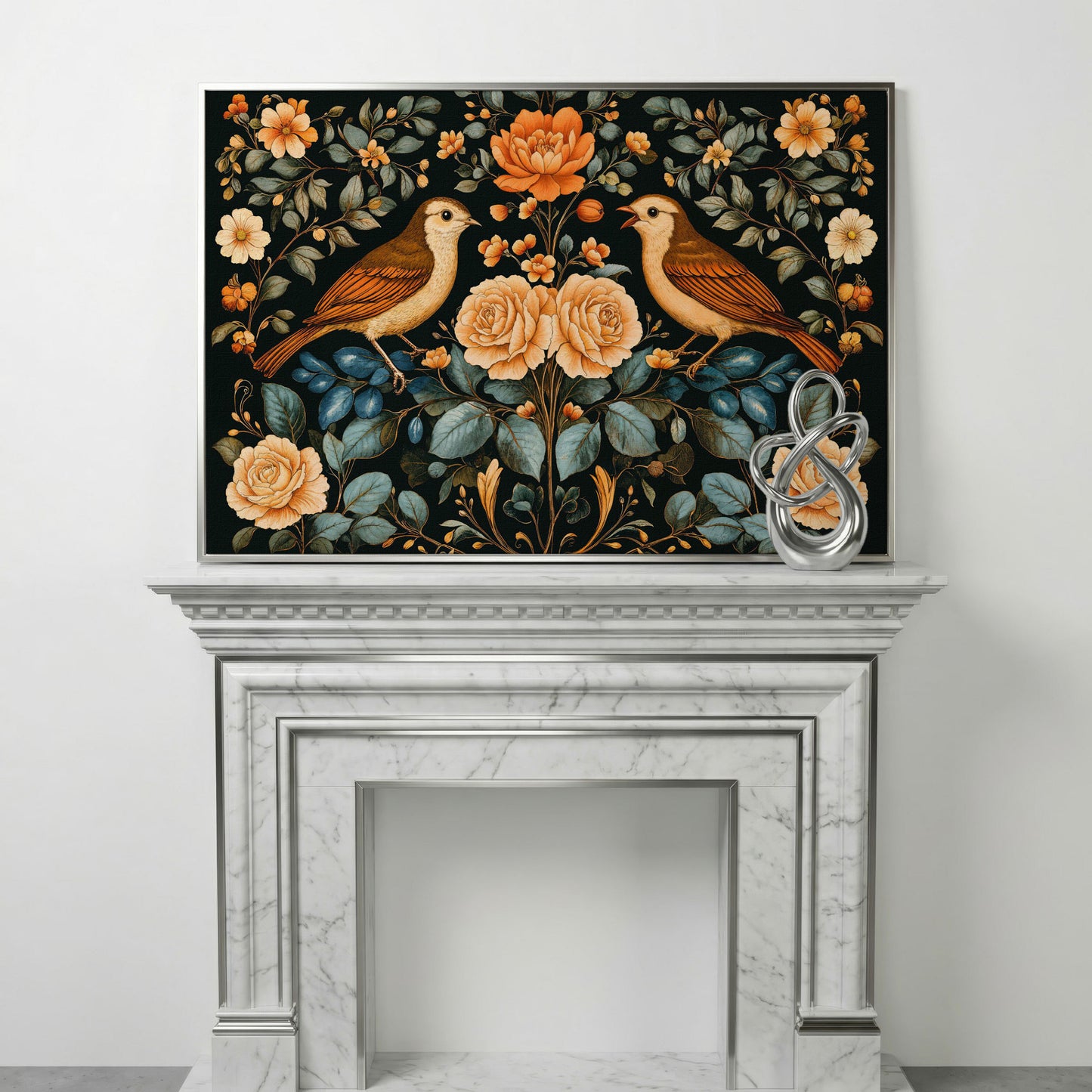Birds and Flowers Botanical Canvas in silver floating frame