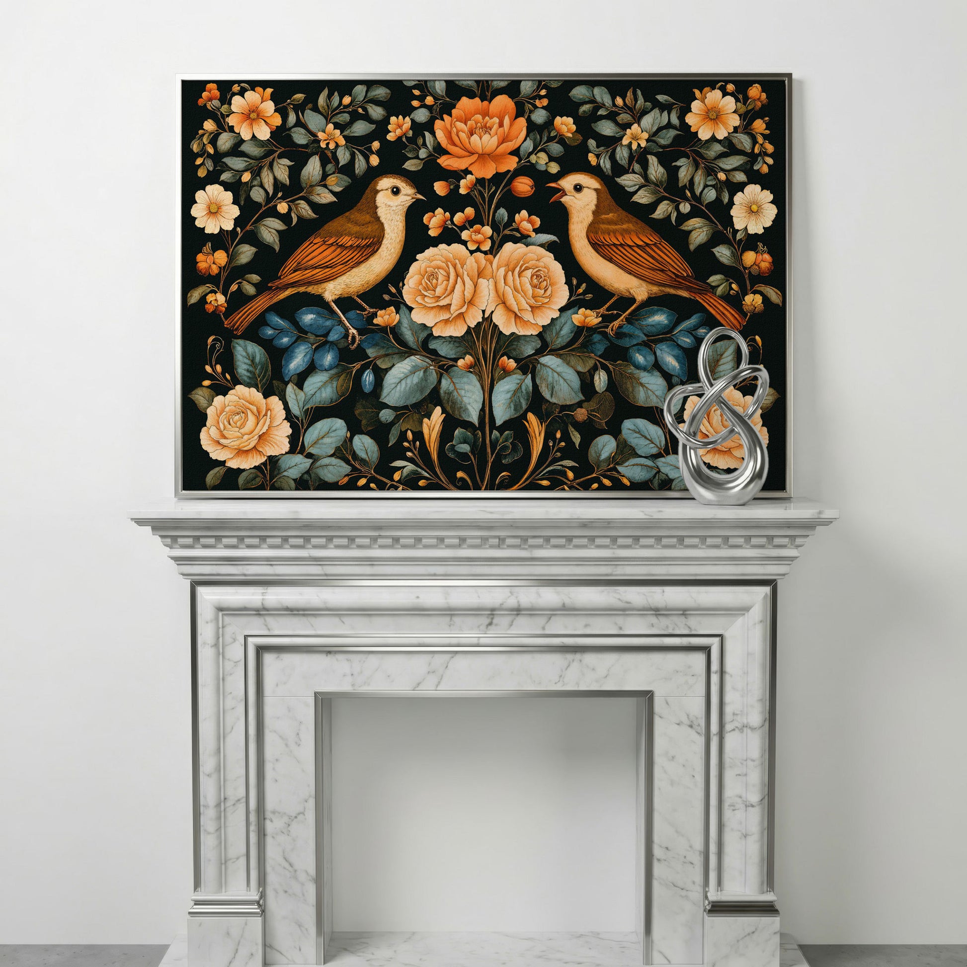 Birds and Flowers Botanical Canvas in silver floating frame