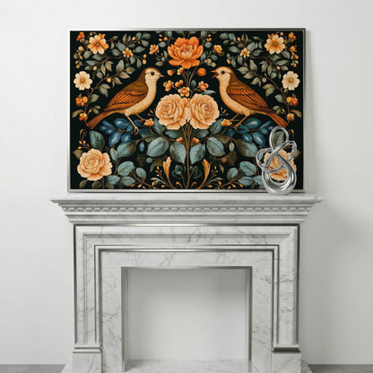 Birds and Flowers Botanical Canvas in silver floating frame